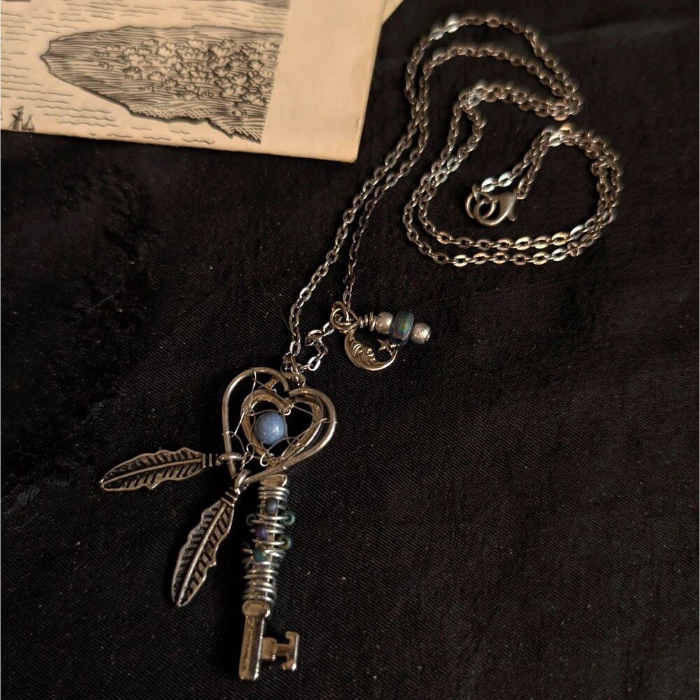 Key Trinket Dreamcatcher Charm Long Chain Necklace Silver